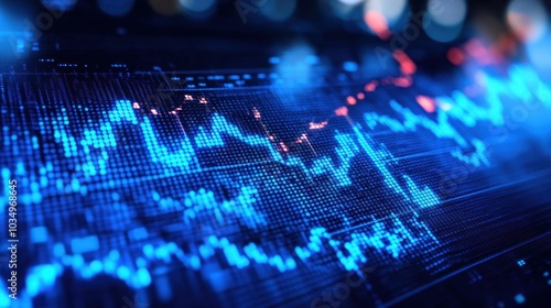 Close-up of a computer screen displaying a blue and red financial chart with a blurred background of city lights.