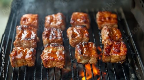 Delicious pork BBQ grilling over charcoal at a summer cookout