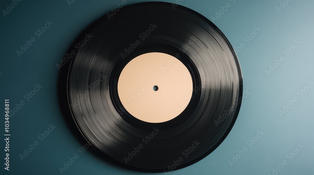 Obraz premium A classic black vinyl record on a blue background, showcasing timeless music culture and nostalgia.