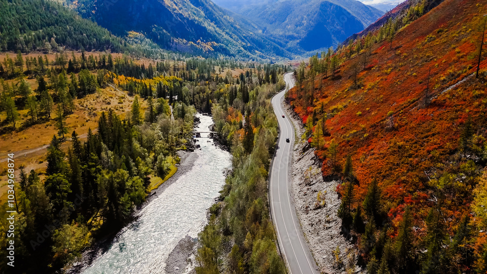 Obraz premium the car is driving along the Chuisky highway in Altai in autumn