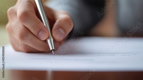 A close-up of a hand holding a pen, writing on a piece of paper, capturing the essence of creativity and focus.