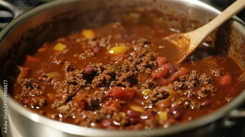 Spicy Texas chili meat soup simmering in a pot on the stove