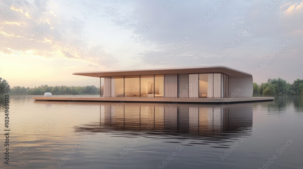Modern Floating House on Serene Water Surface Modern Floating House on Serene Water Surface