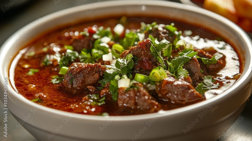 Delicious spicy Texas chili meat soup served with fresh herbs Delicious spicy Texas chili meat soup served with fresh herbs