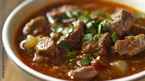 Delicious spicy Texas chili meat soup served in a warm bowl