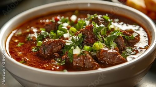 Delicious spicy Texas chili meat soup served with fresh herbs