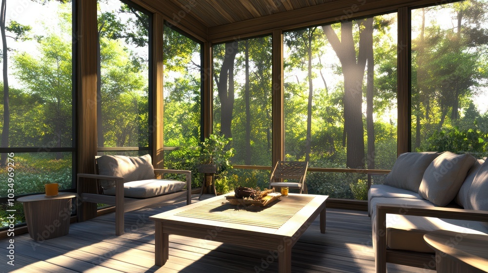 Fototapeta premium Sunlit Porch with Forest View