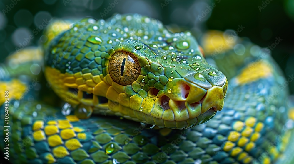 Green Snake with Water Drops - Closeup Photography Green Snake with Water Drops - Closeup Photography
