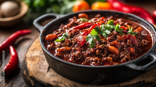 Spicy Texas chili meat soup served in a cast iron pot