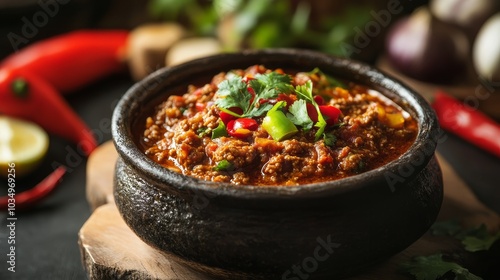 Savory spicy Texas chili meat soup served in a traditional bowl