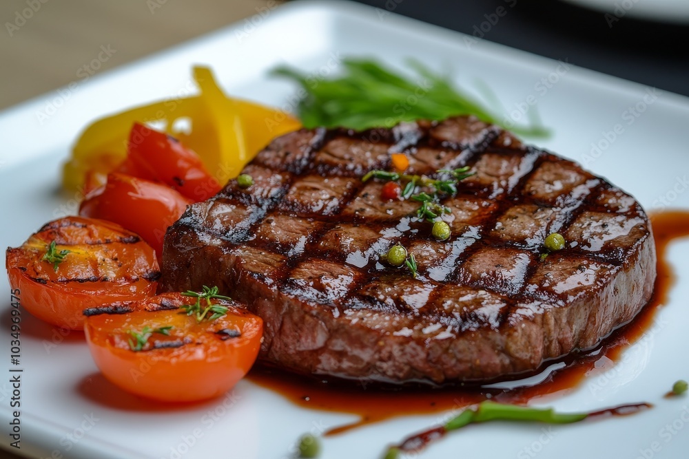 Grilled steak with vegetables served on a white plate Grilled steak with vegetables served on a white plate