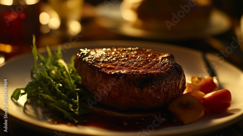 Grilled steak with fresh greens and cherry tomatoes on a table