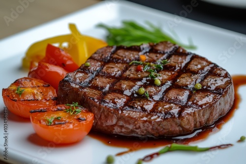 Grilled steak with vegetables served on a white plate