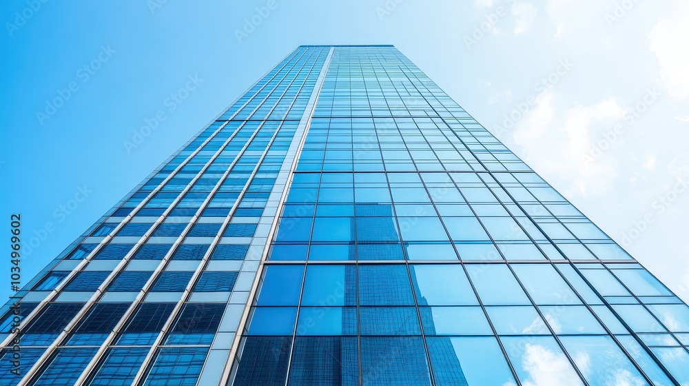A skyscraper with a modern glass facade, showcasing architectural brilliance against a blue sky. A skyscraper with a modern glass facade, showcasing architectural brilliance against a blue sky.