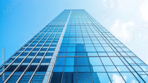 A skyscraper with a modern glass facade, showcasing architectural brilliance against a blue sky.