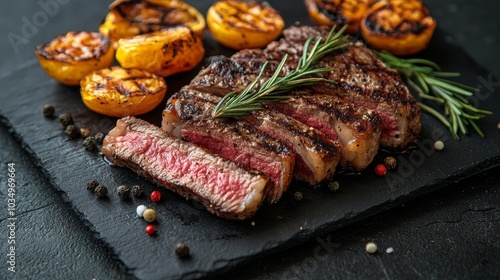 Grilled steak with charred peaches and fresh rosemary on slate platter