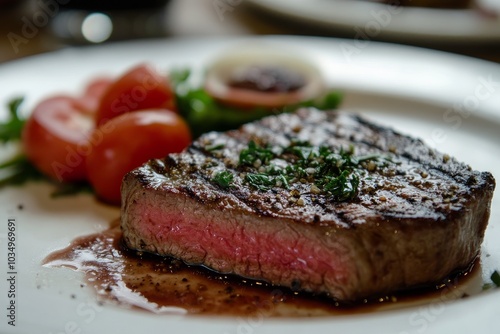Succulent steak served with fresh tomatoes and herbs on a plate