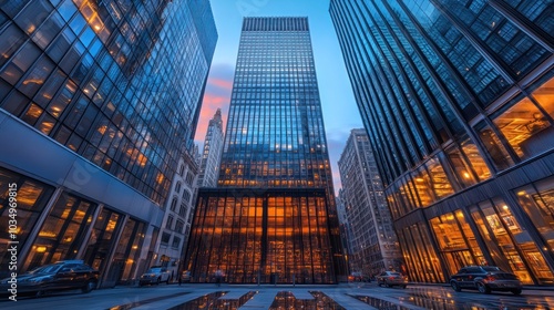 Tall skyscrapers with glass facades illuminated by the setting sun, casting long shadows on a city street.