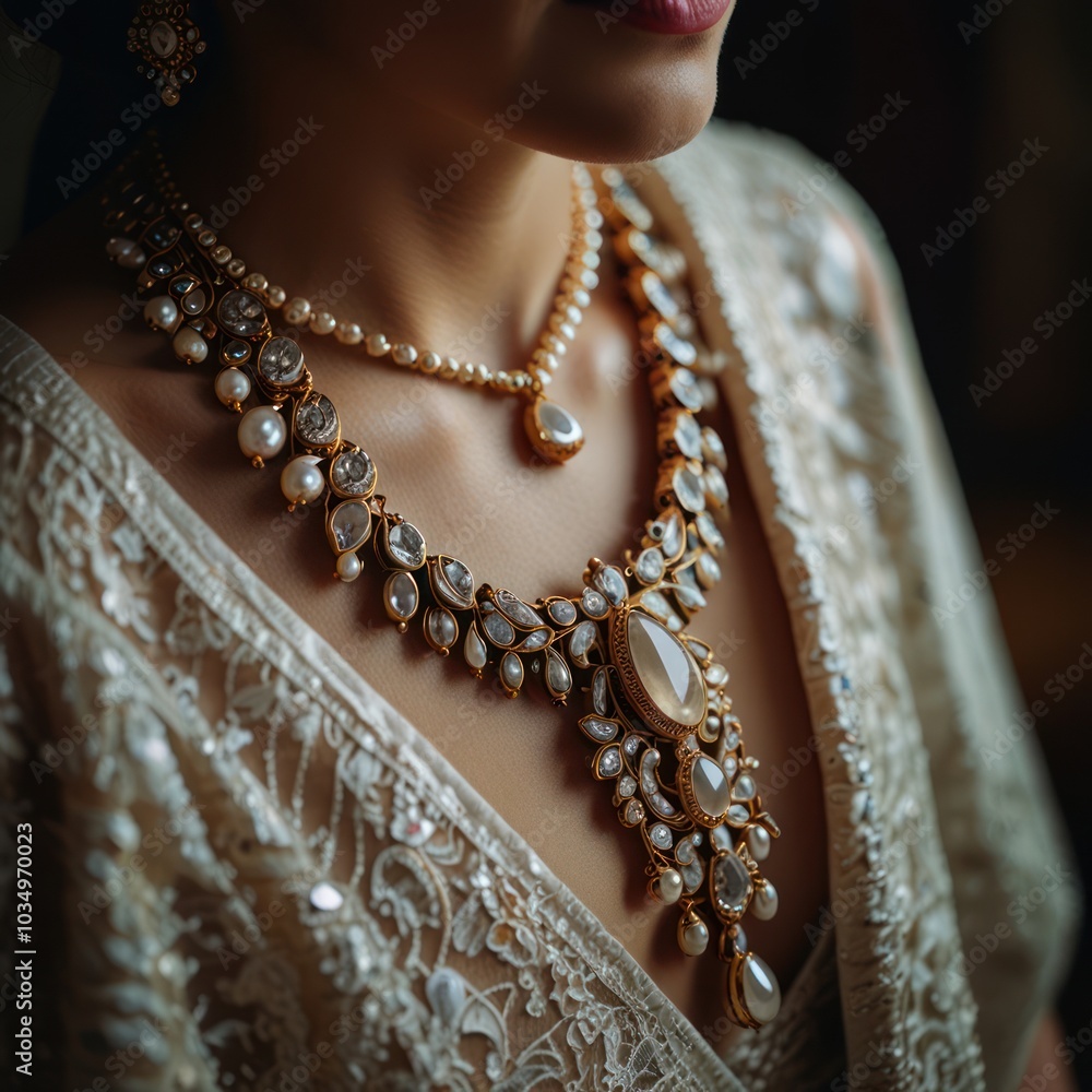 A close-up of a woman wearing a beautiful diamond and pearl necklace with a delicate lace bodice. A close-up of a woman wearing a beautiful diamond and pearl necklace with a delicate lace bodice.