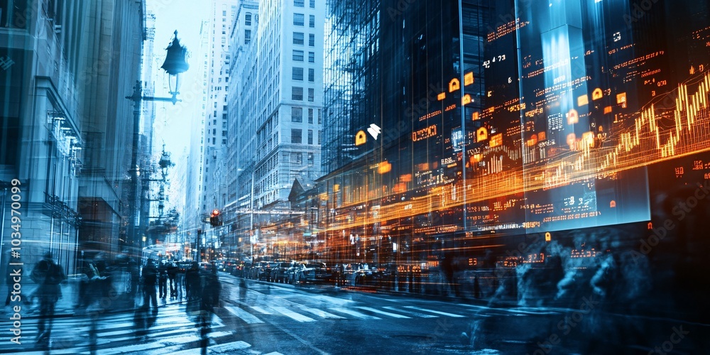 Obraz premium A futuristic cityscape laden with digital overlays, showcasing bustling streets, skyscrapers, and vibrant light trails indicative of urban life and commerce.