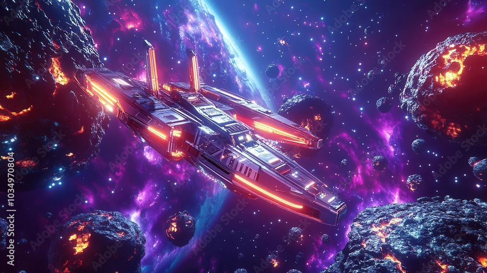 Design a starship surrounded by asteroids, glowing neon lights, in deep space Design a starship surrounded by asteroids, glowing neon lights, in deep space