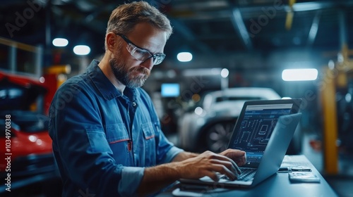 A mechanic in a blue uniform and safety glasses is working on a laptop in a garage.