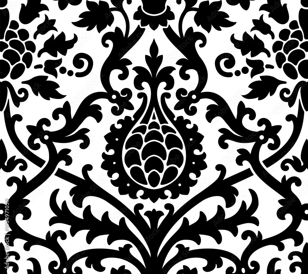 Vintage damask seamless pattern featuring elegant, intricate motifs. Vector illustration