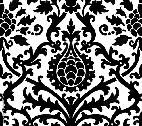 Vintage damask seamless pattern featuring elegant, intricate motifs. Vector illustration