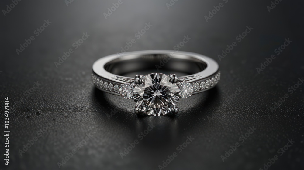 A close-up of a silver engagement ring with a large round diamond in the center and two smaller diamonds on either side, sitting on a gray background. A close-up of a silver engagement ring with a large round diamond in the center and two smaller diamonds on either side, sitting on a gray background.