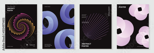 Modern gradient poster background vector set. Minimalist cover template with vibrant perspective 3d geometric prism shapes collection. Ideal design for social media, cover, banner, flyer.