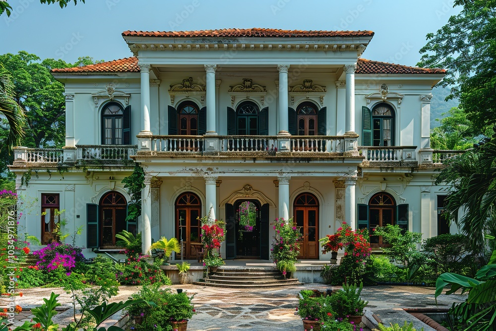 Obraz premium A grand white mansion with a red tile roof and lush greenery.