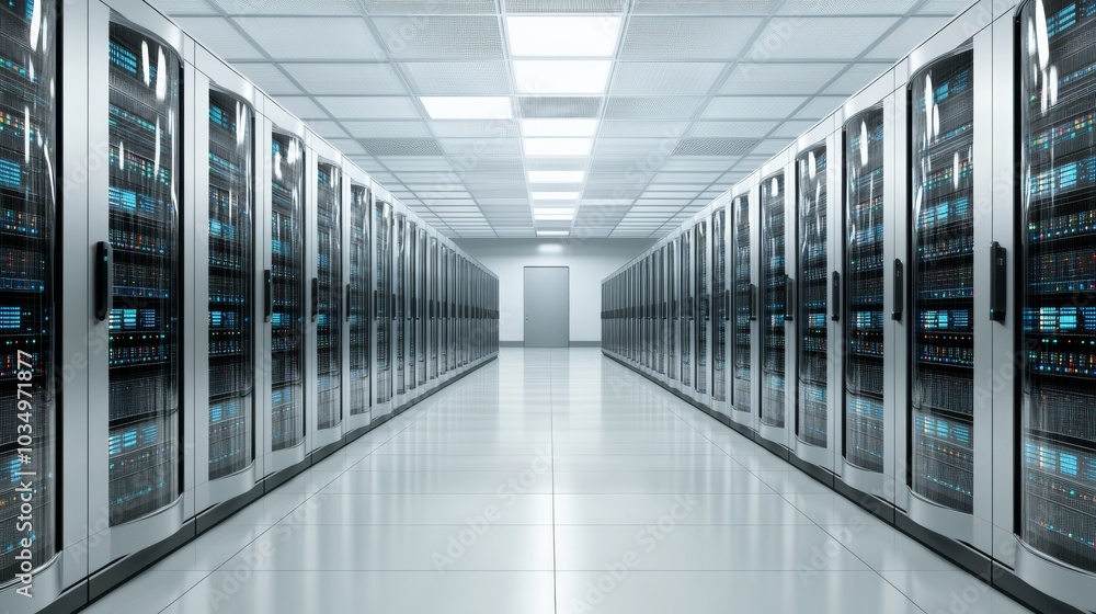 A bustling data center filled with rows of servers and blinking lights, High-tech style, photo of A bustling data center filled with rows of servers and blinking lights, High-tech style, photo of
