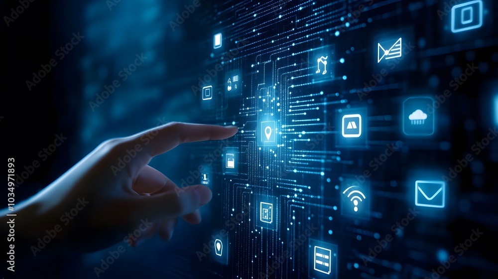 Hand touching a digital screen with icons of technology and online network connection, cloud storage, or security system on a dark blue background