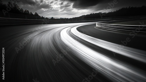 A race track with a blurred white line as a car goes by. The line is white and streaked with black, signifying speed. The dark sky and trees create a dramatic backdrop. photo