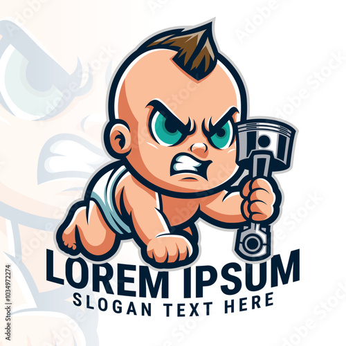 Mechanic automotive mascot logo design, baby with piston engine mascot illustration concept, racing.