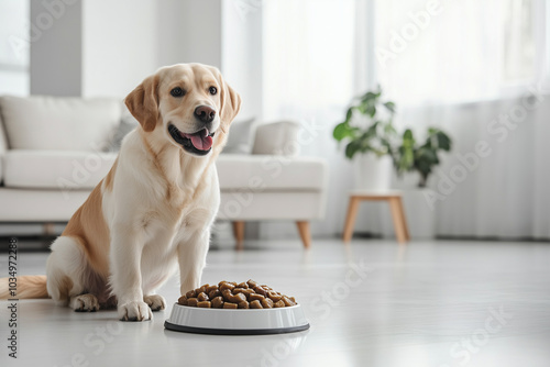 Dog sitting near a bowl of dry pet food.