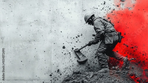 A soldier in camouflage gear, helmet and protective gear, swings an axe towards a concrete wall with debris flying from the impact. Red paint explodes on the wall behind him. photo