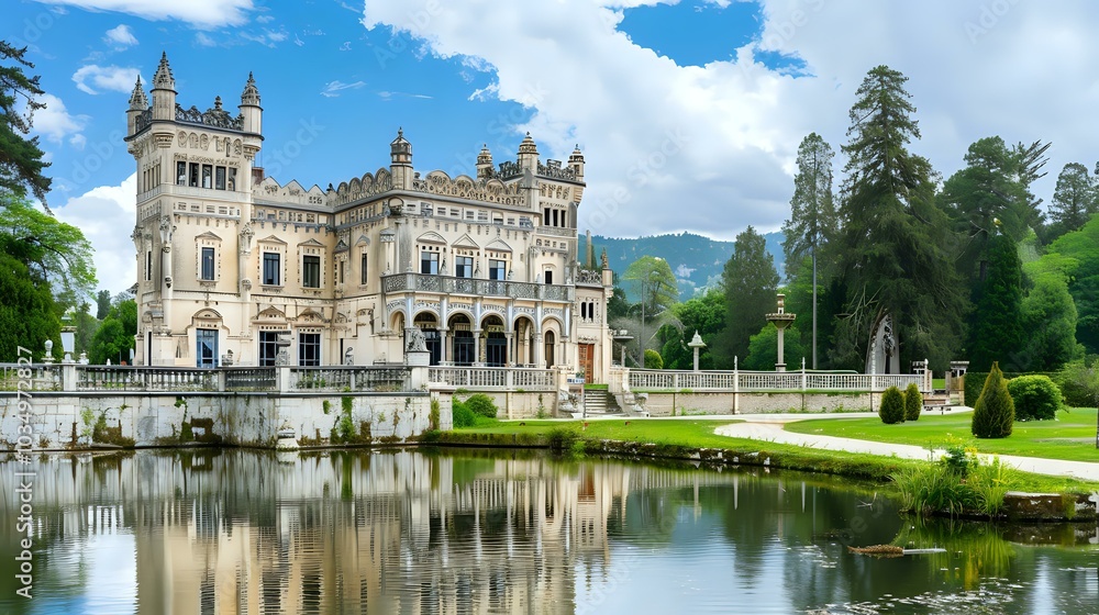 A grand castle reflected in a serene pond, surrounded by lush greenery and blue skies. A grand castle reflected in a serene pond, surrounded by lush greenery and blue skies.