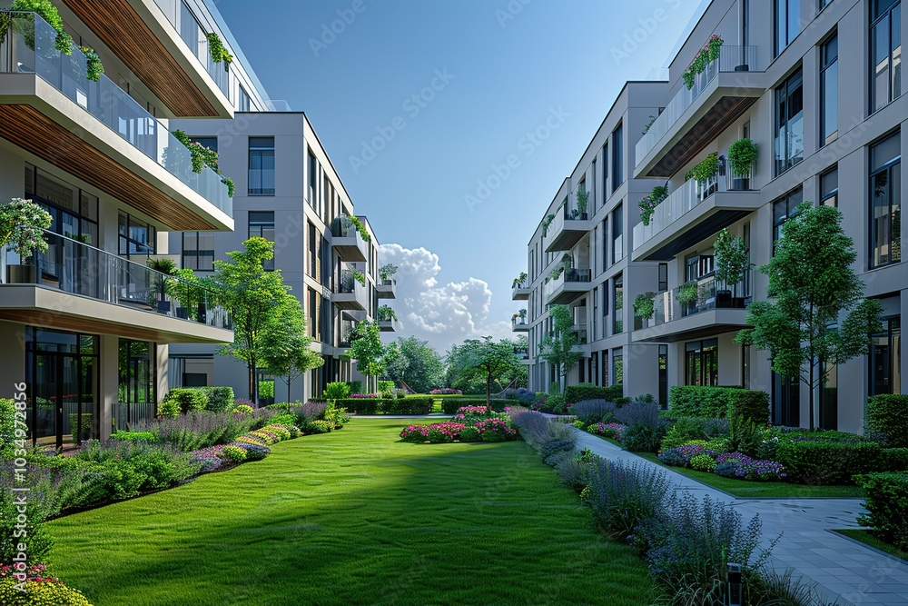 Modern apartment buildings with lush green landscaping. Modern apartment buildings with lush green landscaping.