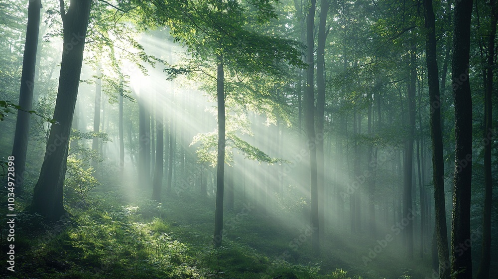 Obraz premium Mystical Forest with Sunlight Rays Through Trees