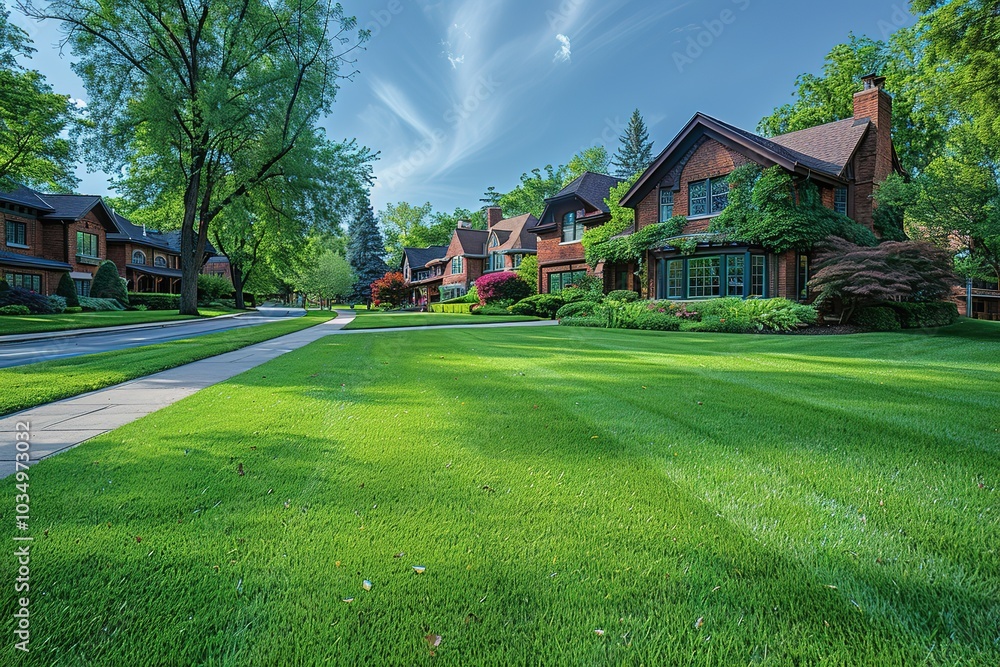 A manicured lawn in front of a row of brick houses. A manicured lawn in front of a row of brick houses.