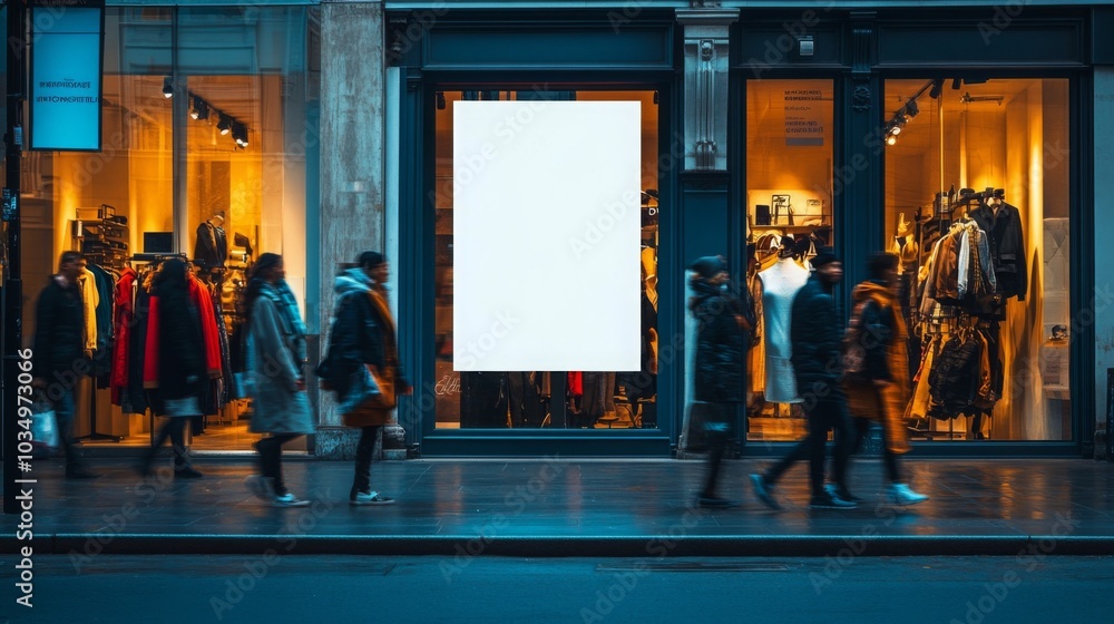 People stroll along a wet sidewalk in the evening, passing a clothing store with empty window displays. The warm light from inside contrasts with the dark, rainy street outside.