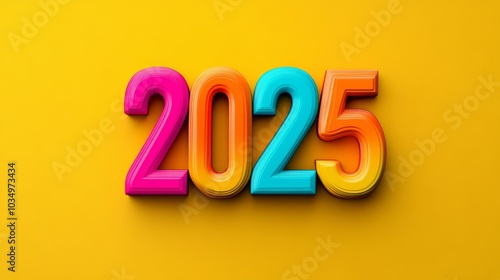 The year 2025 is written in colorful letters on a yellow background. The letters are made of different colors, giving the image a fun and playful vibe