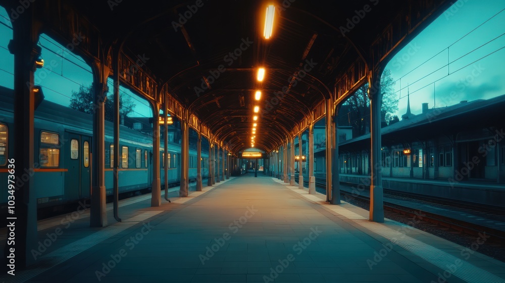 A Train Platform Underneath a Covered Canopy at Dusk A Train Platform Underneath a Covered Canopy at Dusk