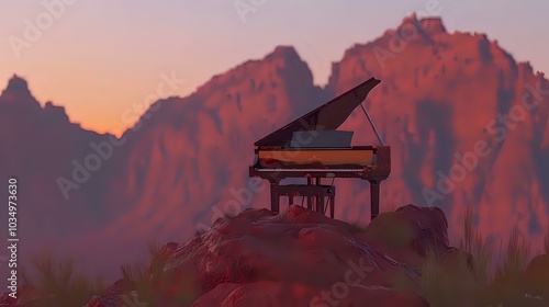 A grand piano sits atop a rocky outcrop, illuminated by a warm sunset against mountain peaks.