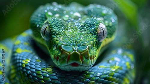 Close-up of a Green Snake with Water Drops