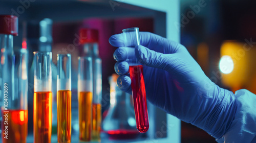 Scientist holding red test tube in lab with colorful chemicals and glowing beakers photo