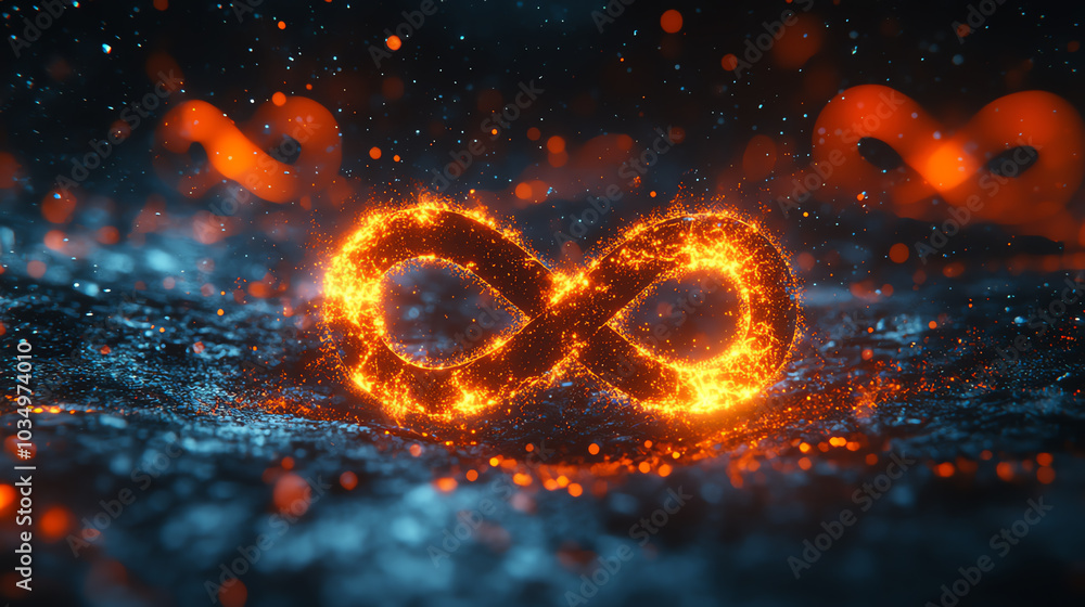 A dynamic 3D illustration of a glowing neon infinity symbol floating in dark space, surrounded by digital particles, copy space included Cybernetic tone, Analogous Color Scheme A dynamic 3D illustration of a glowing neon infinity symbol floating in dark space, surrounded by digital particles, copy space included Cybernetic tone, Analogous Color Scheme