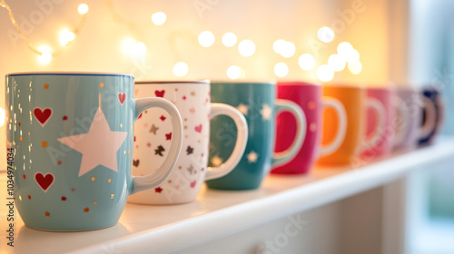 Colorful ceramic mugs on shelf with bokeh lights in cozy home setting photo