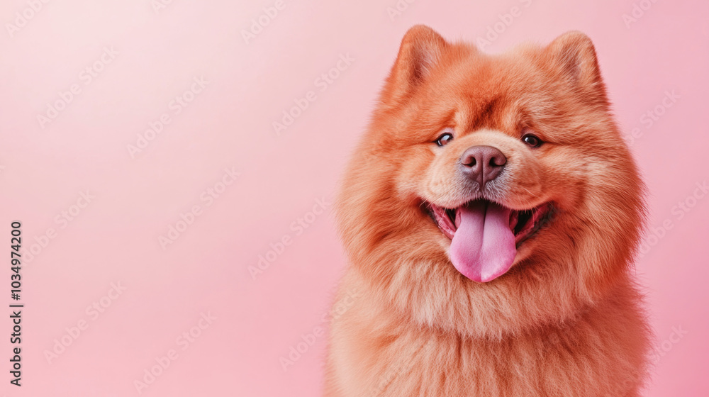 Happy chow chow tongue out against pink background - cute fluffy dog portrait trend 2023 Happy chow chow tongue out against pink background - cute fluffy dog portrait trend 2023